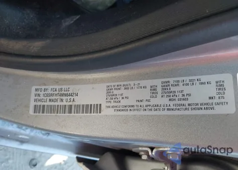 2021 Ram 1500 Limited 4X4 5'7 Box from USA, damaged, VIN 1C6SRFHT4MN644214